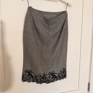 Escada Gray Pencil Skirt with Black Embroidered Hem